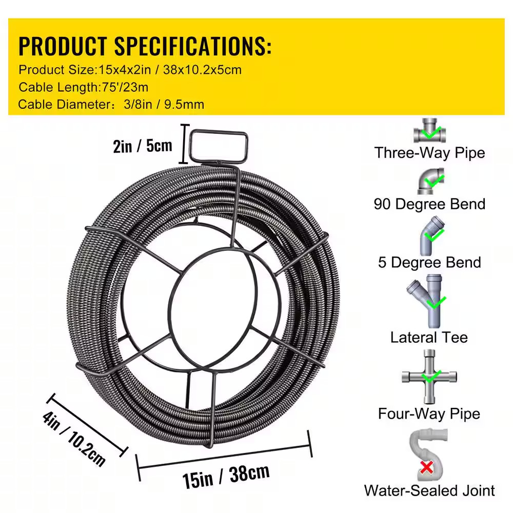 Drain Cleaning Cable 75 Ft. X 3/8 In. Solid Core Cable Sewer Cable Drain Auger C