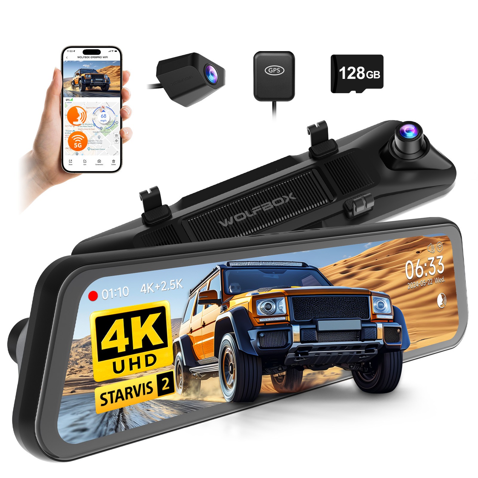 WOLFBOX G900PRO 5.8GHz WiFi Mirror Dash Cam with STARVIS 2 IMX678, Voice Control