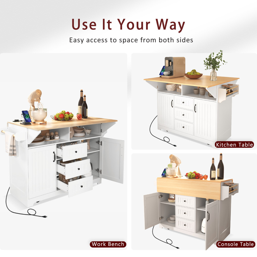 White 55.7'' Large Kitchen Island 2 Drop Leaf,, Rolling Kitchen Cart 5 Wheels