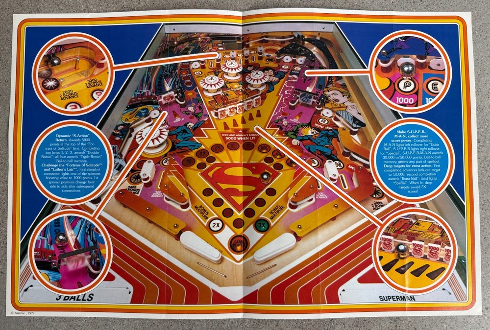 Superman Original Pinball Arcade Flyer | 1979 Atari | Good Condition