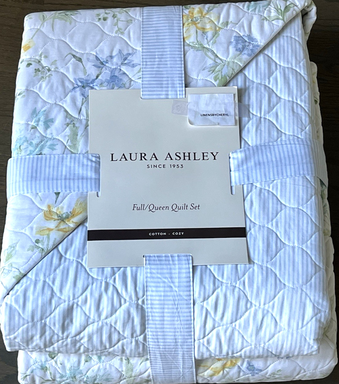 Laura Ashley Poppy Meadow Yellow Blue Floral Cotton Full/Queen Quilt Set