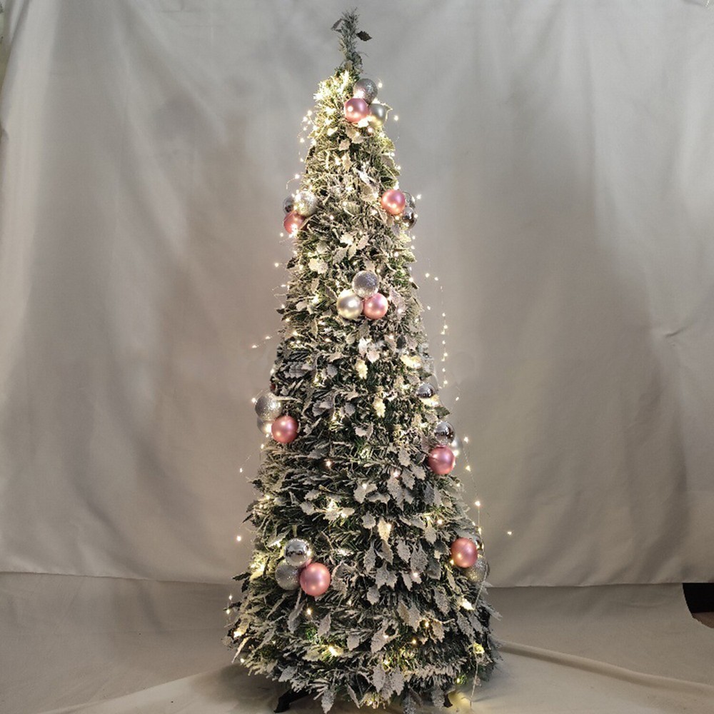 6FT Pre-Lit Flocked Fully Decorated Pull Up Christmas Tree Collapsible Xmas Tree