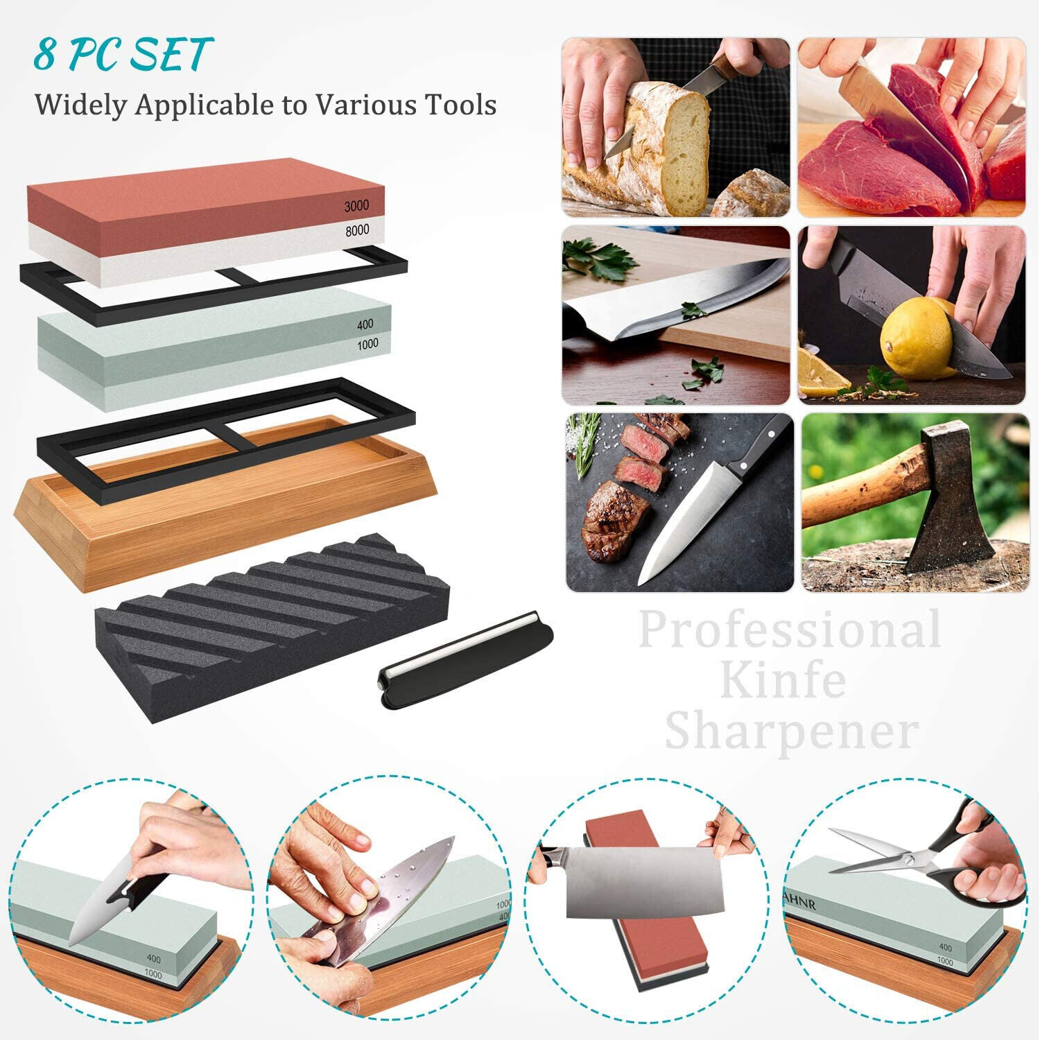 Knife Sharpening Stone Whetstone 4 Side Grit 400/1000 3000/8000 Knife Sharpeners