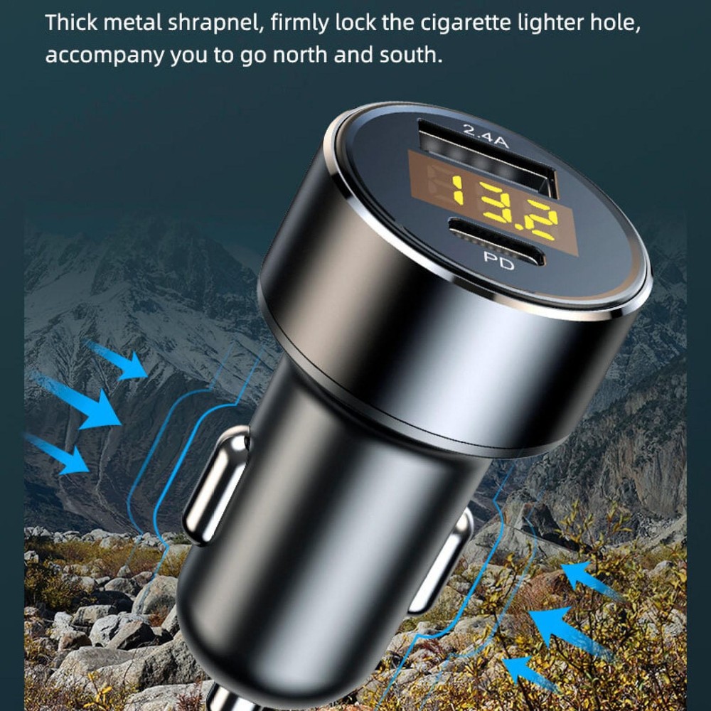 12/24V LED Screen Car Cigarette Lighter 2.4A USB USB-C Type PD Charger Voltmeter