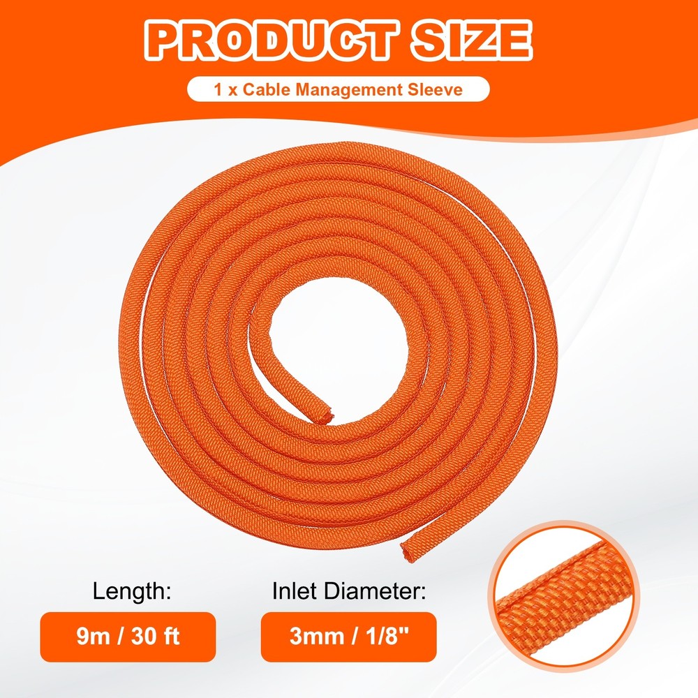 Wire Split Braided Cable Management Sleeve, Orange (1/8" - 30 Feet)