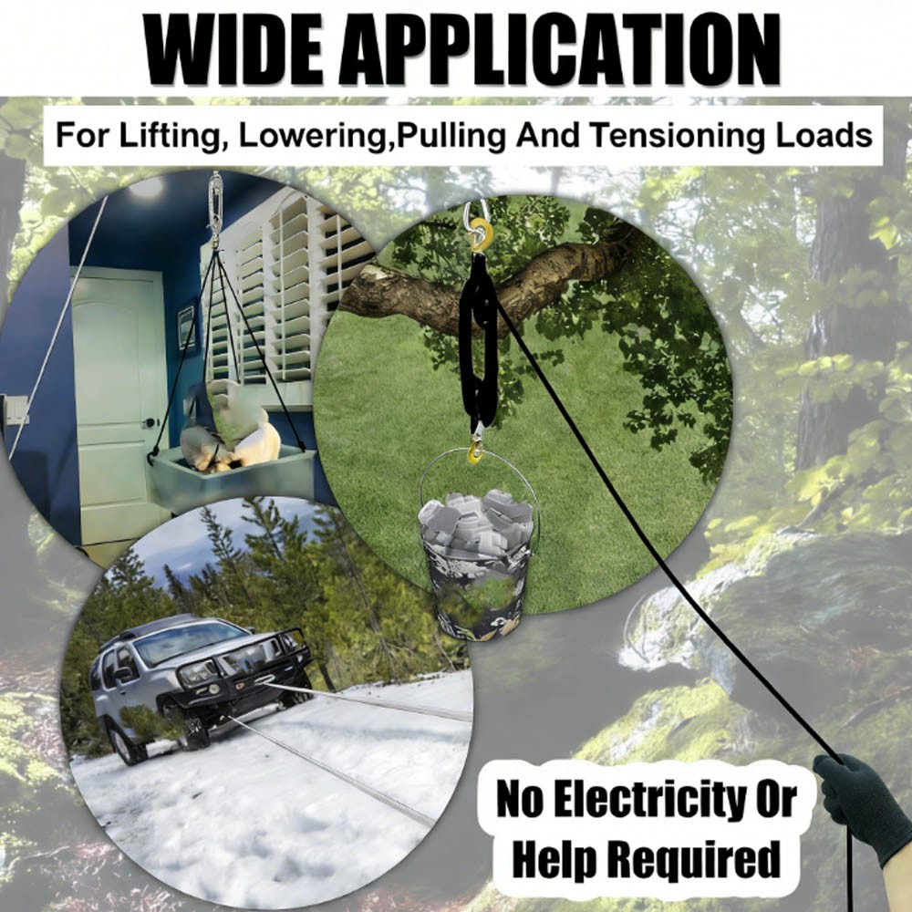 Rope Hoist Pulley System 4400LB Block and Tackle Pulley System 8:1 Lifting Black