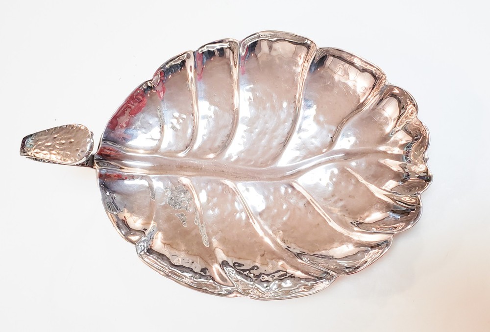 HABIS Hammered Silverplate Leaf Serving Dish with Handle