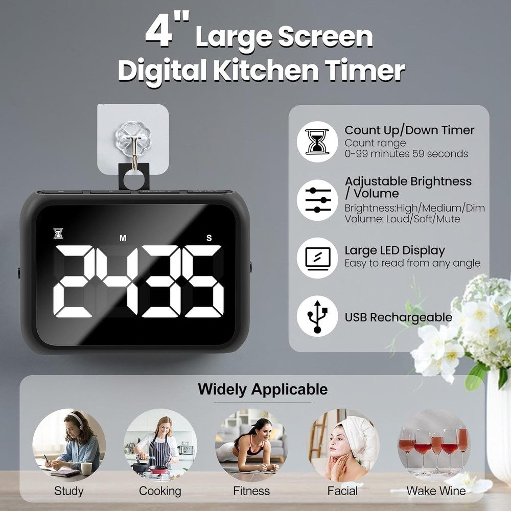 USB Rechargeable Kitchen Timer with Large LCD & Loud Alarm