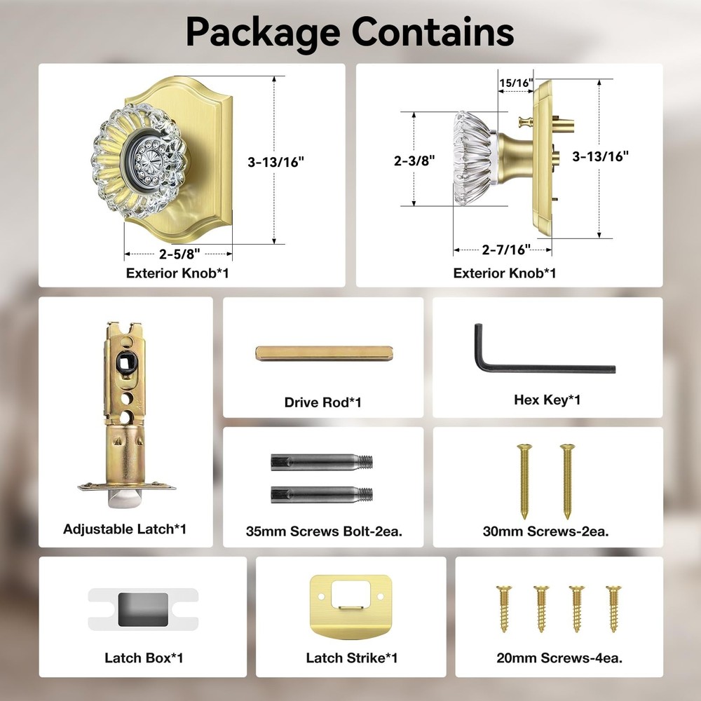 Crystal Door Knobs with Lock, Brushed Gold Glass Door Knobs Interior for Priv...