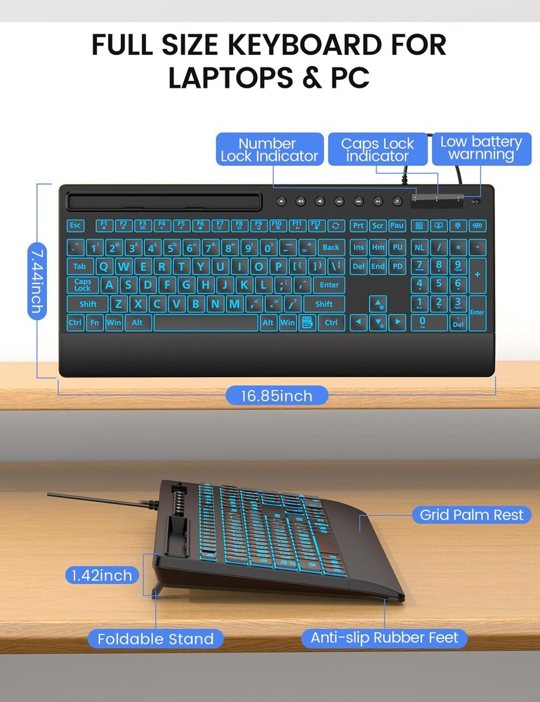 SABLUTE Large Print Backlit Keyboard, USB Wired Computer Keyboard with Black
