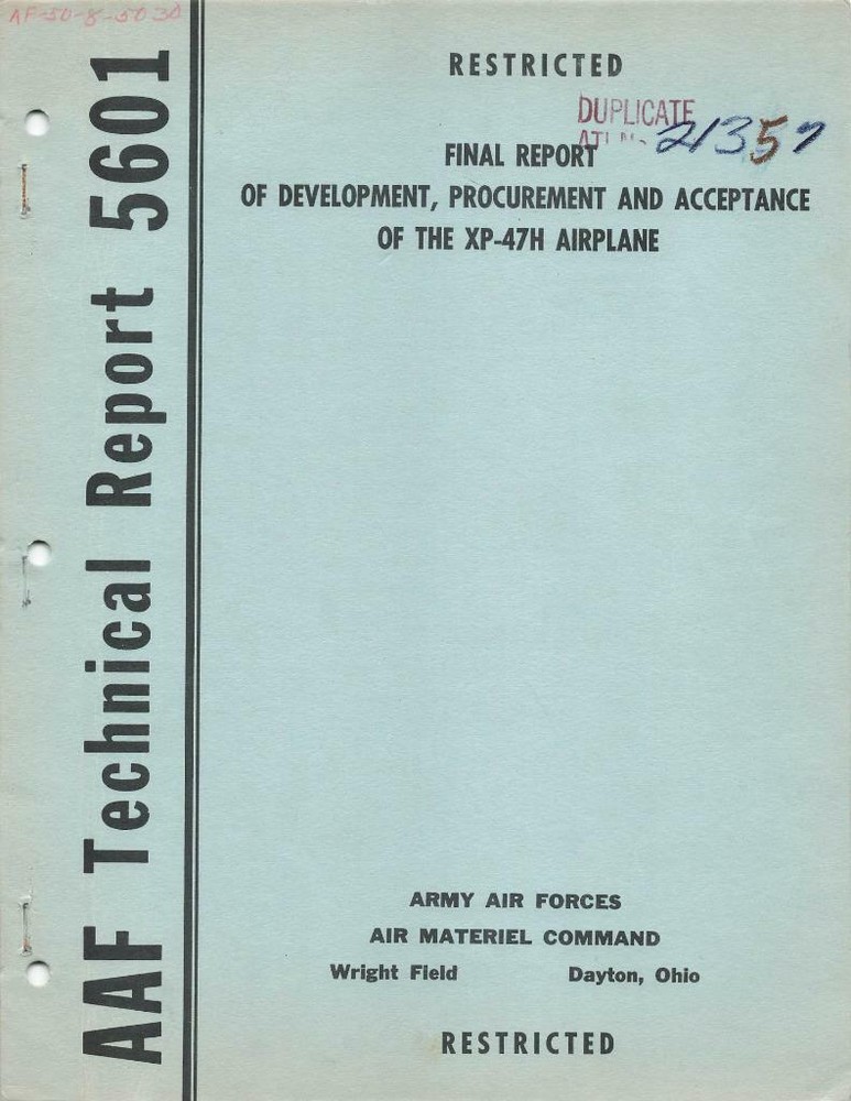 1947 AAF REPUBLIC XP-47H THUNDERBOLT DEVELOPMENT, PROCUREMENT,ACCEPTANCE-CD