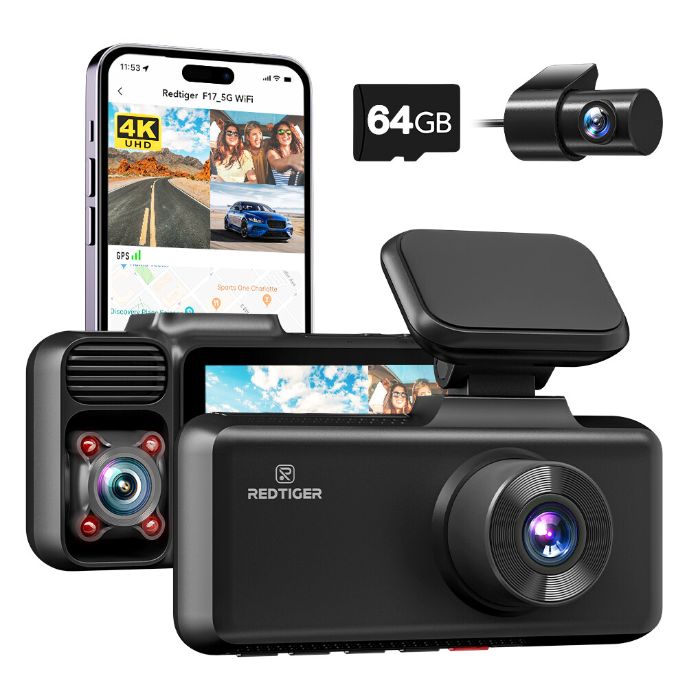 REDTIGER 4K 3 Channel Dash Cam, 5G WiFi Front and Rear Inside, Free 64GB SD Card