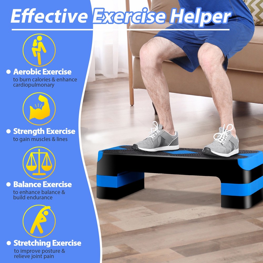 Aerobic Step Platform Exercise Step Adjustable Height 4"-6''-8' w/4 Risers Blue