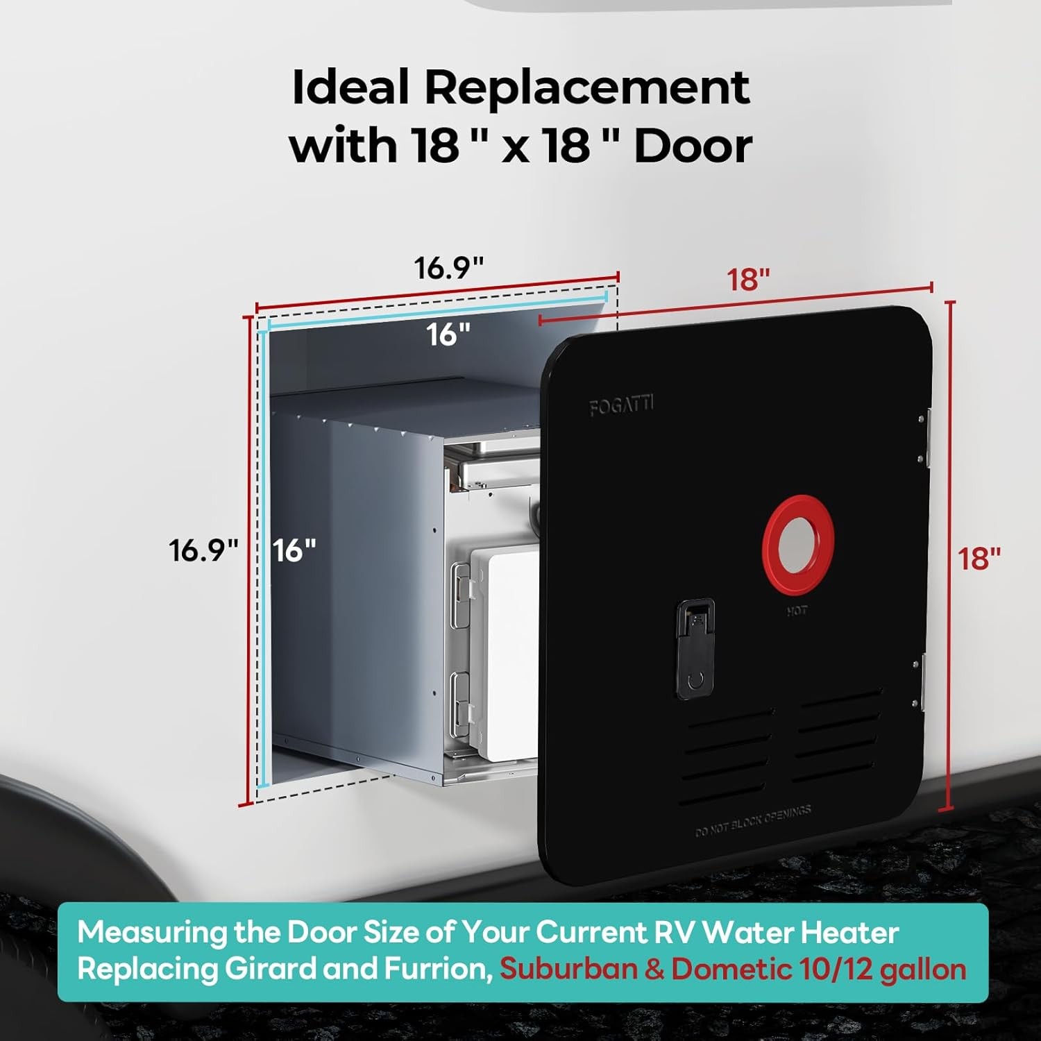 FOGATTI RV Tankless Water Heater InstaShower 7 with 15 x 18 in Black Door DC 12V