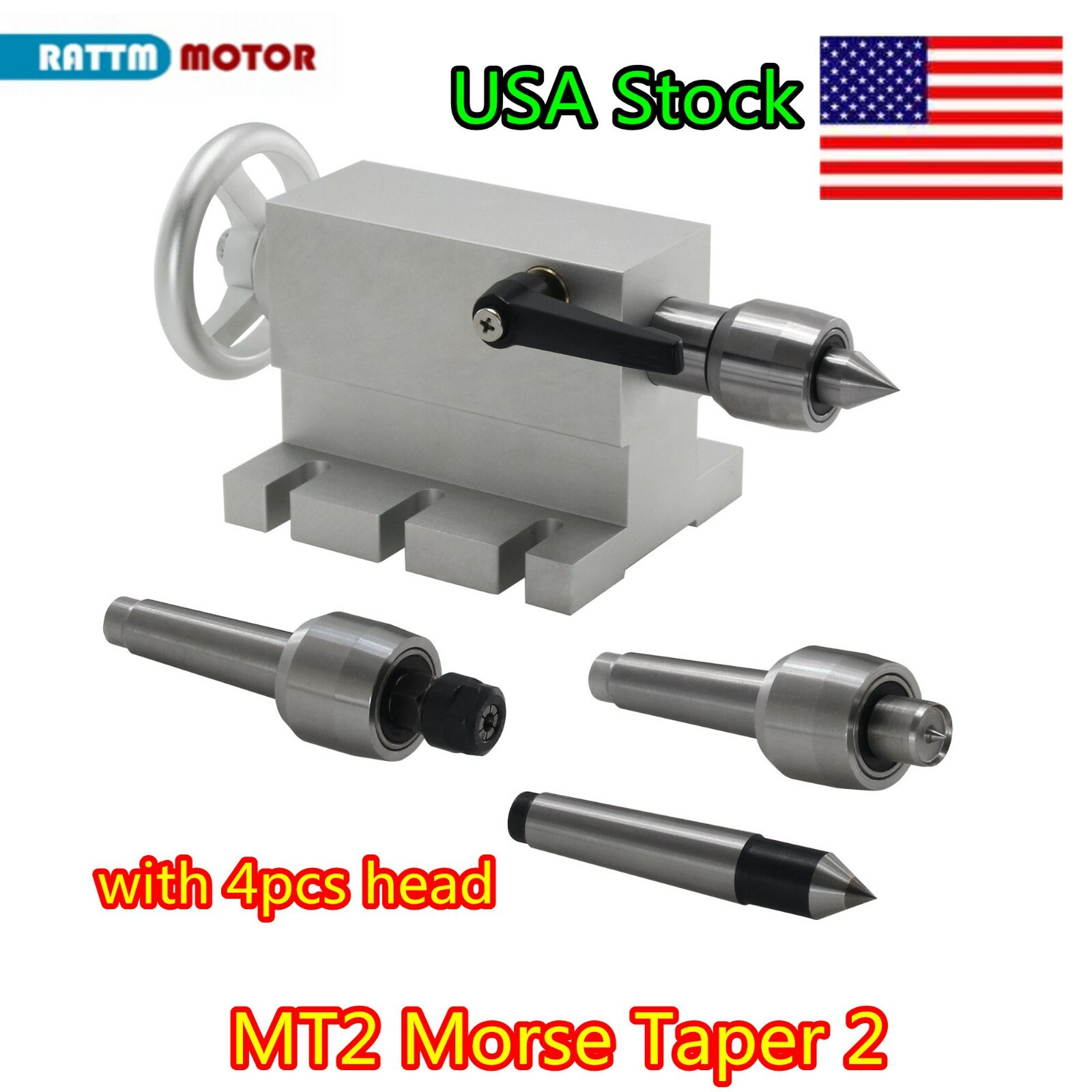 65mm Center Morse Taper 2 Live Center Movable MT2 Tailstock+4pcs head for Lathe