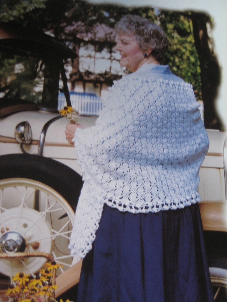 white Shawl; (#CC606-145) vintage crochet pattern