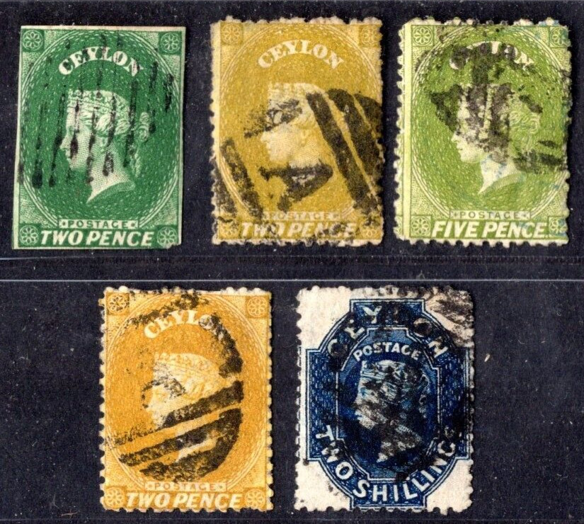 CEYLON 1857-1866 S.G. #3, S.G. #50 YELLOW GREEN & BOTTLE GREEN S.G. #54 & #59