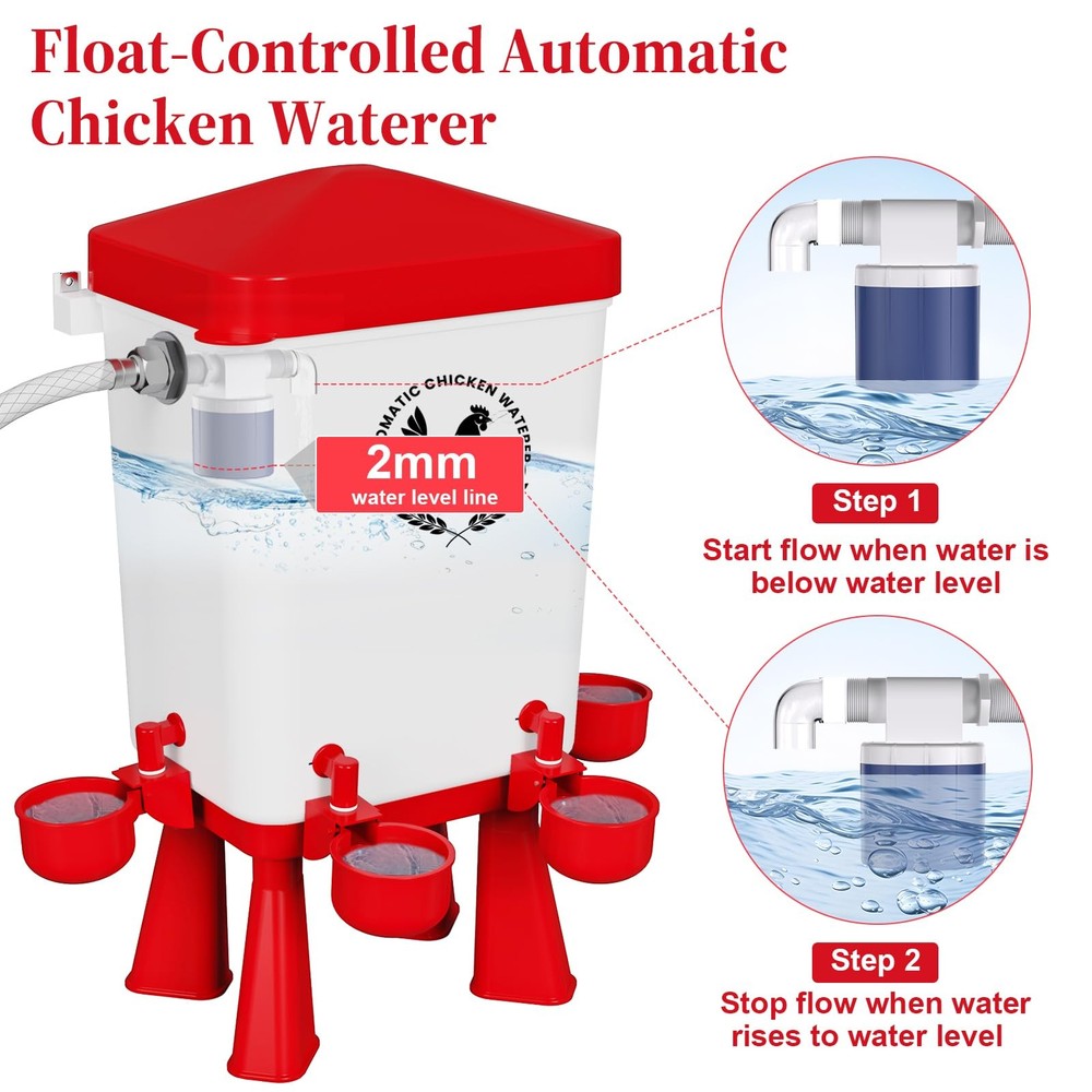 Chicken Waterer, 3 Gallons Automatic Chicken Waterers with 5ft Pipe, Float Co...