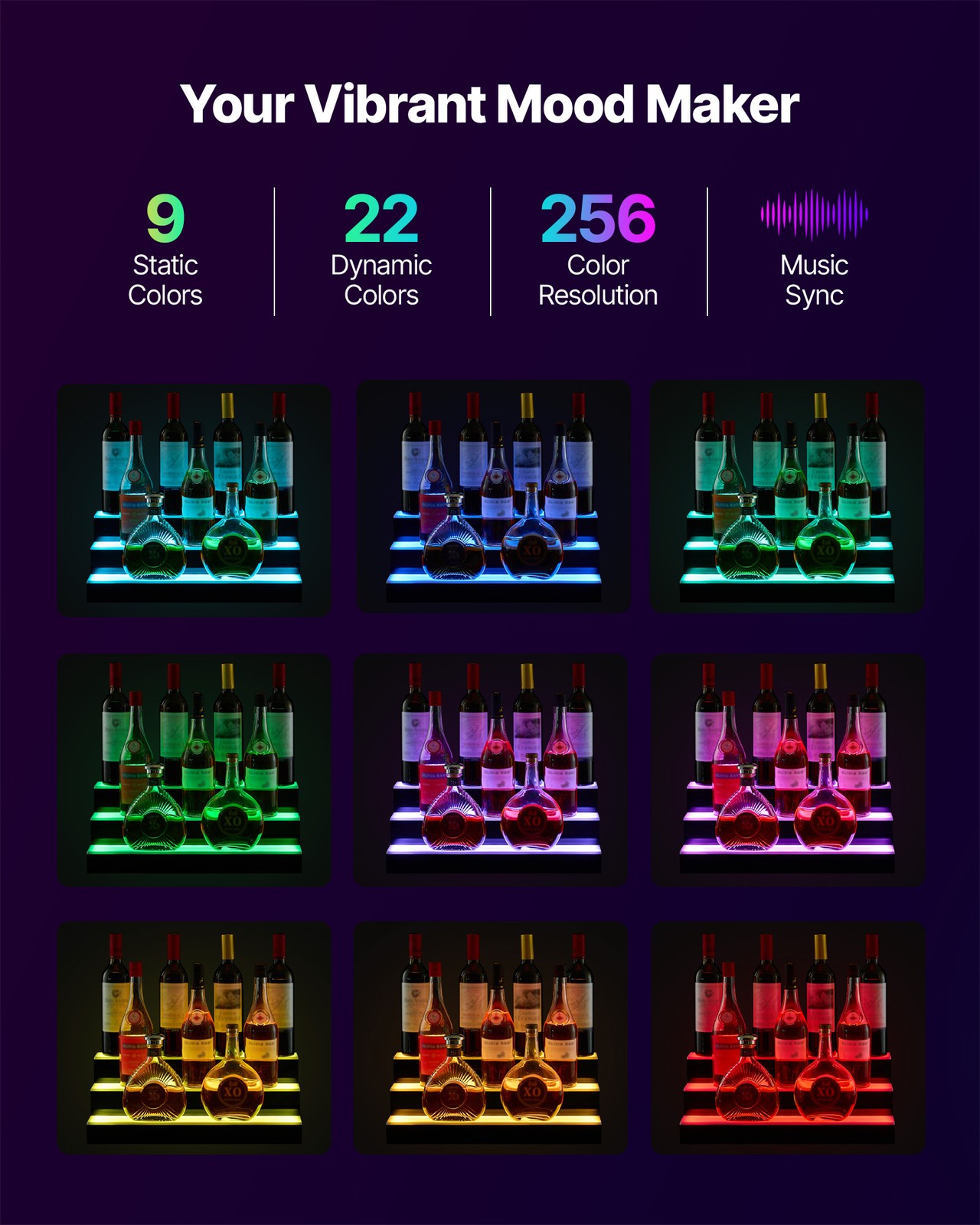 VEVOR LED Lighted Liquor Bottle Display 3 Tiers 20 Inches for 15 Bottles