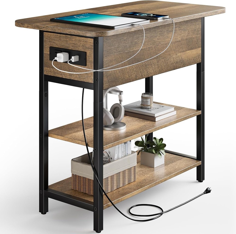 End Table w/Charging Station Flip Top Side Table Sofa Couch Table Bedside Table