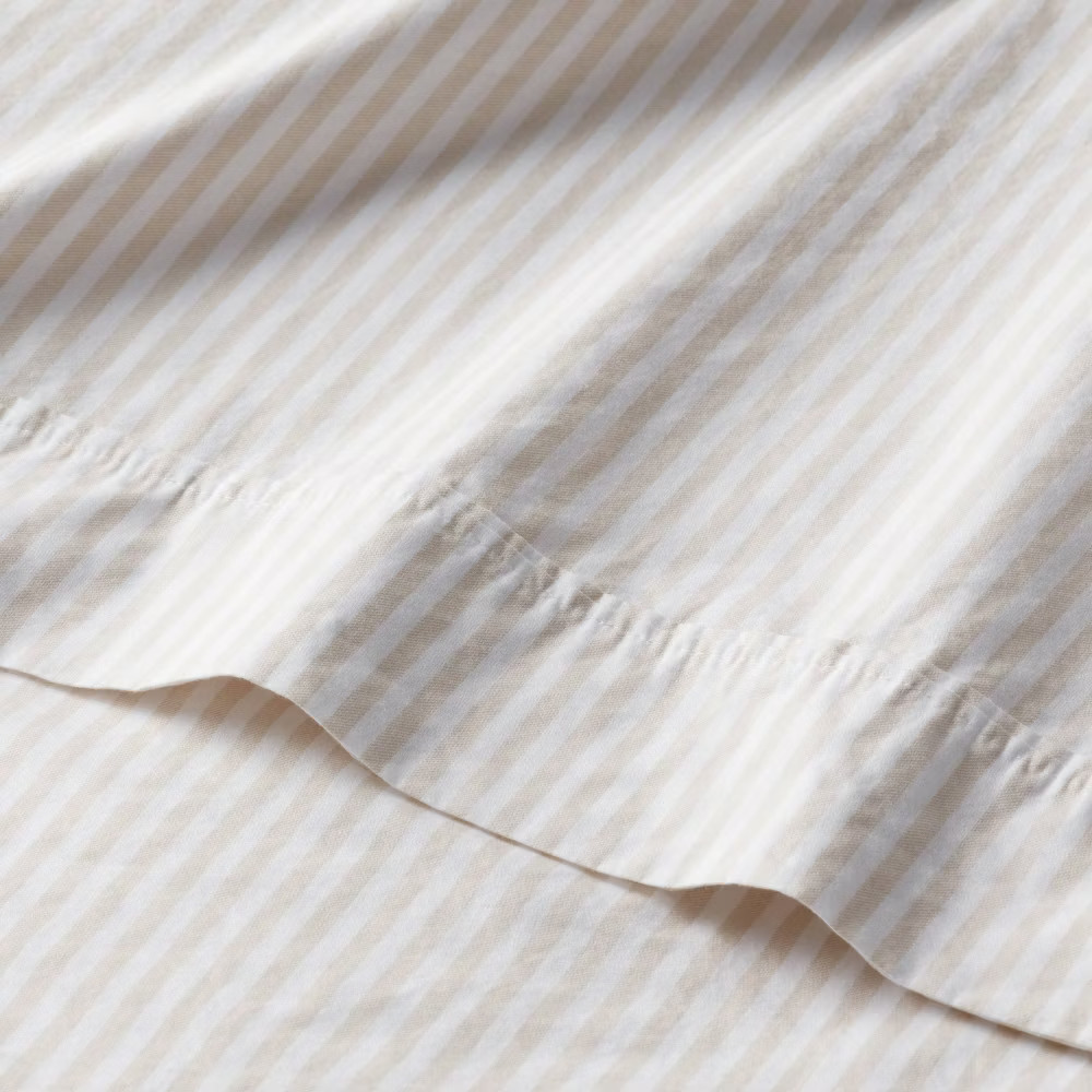 Queen Organic Percale Sheet Set Khaki/White Stripe - Threshold