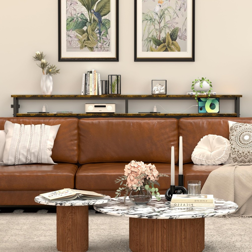 Keelian 78 Inch Double-Layer Narrow Console 78" double-deck, Rustic Brown