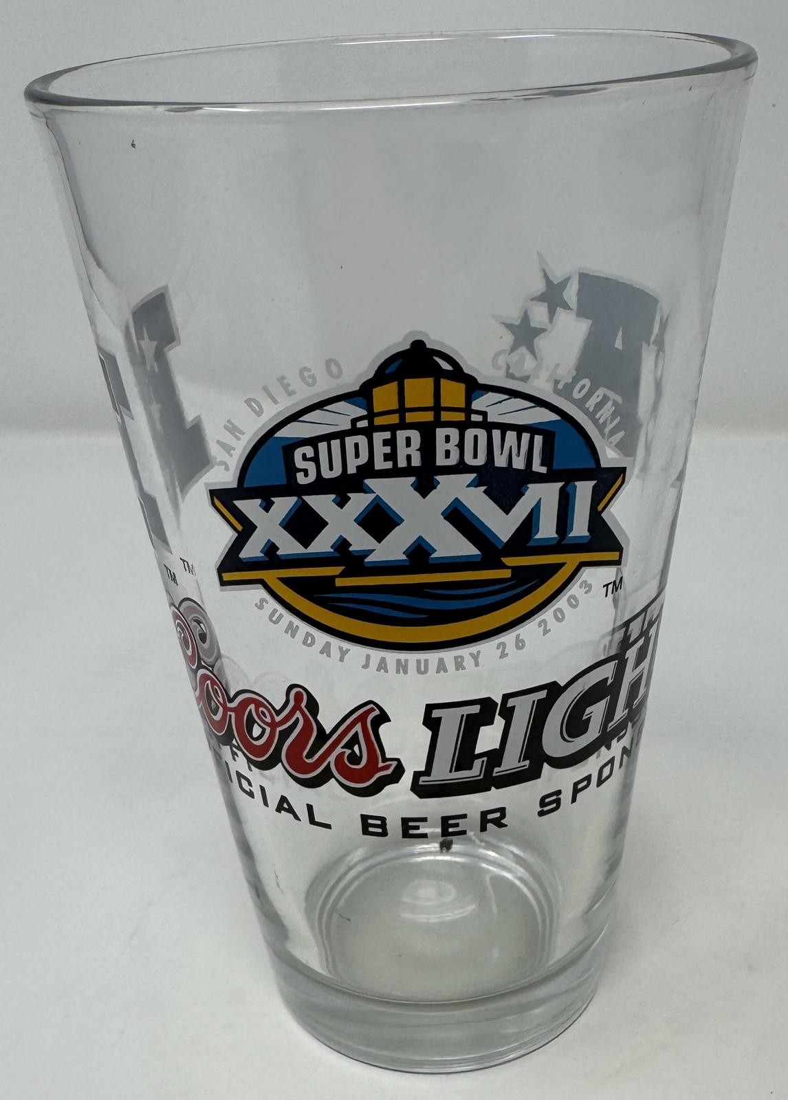 COORS LIGHT Official Super Bowl XXXVII Pint Beer Glass Football 2003