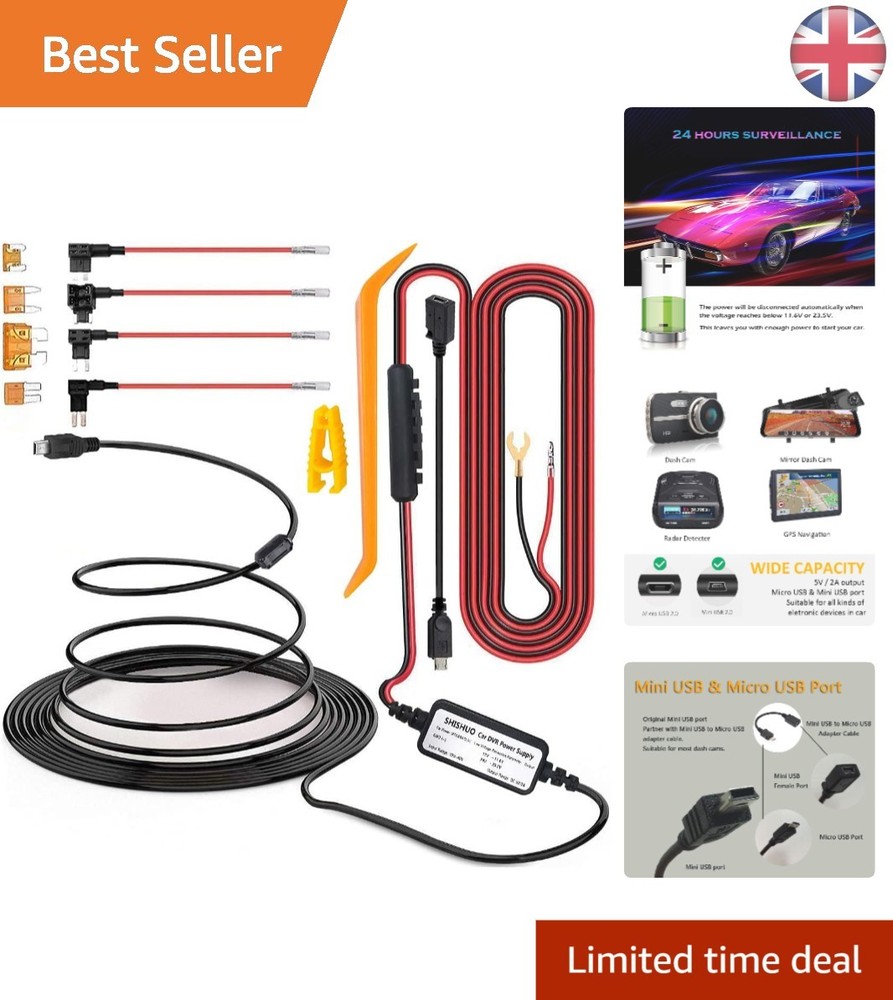 Dash Cam Hardwire Kit - 4m Mini & Micro USB Cable with Battery Drain Protection