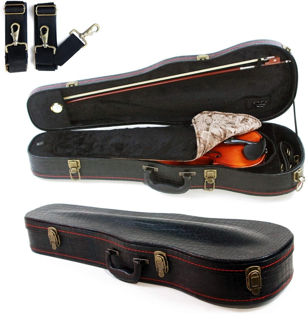Full Size Wooden Violin Case Leather Crocodile Pattern Plush Interior
