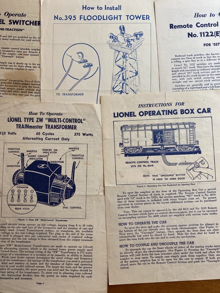11 Lionel Instruction sheets all different