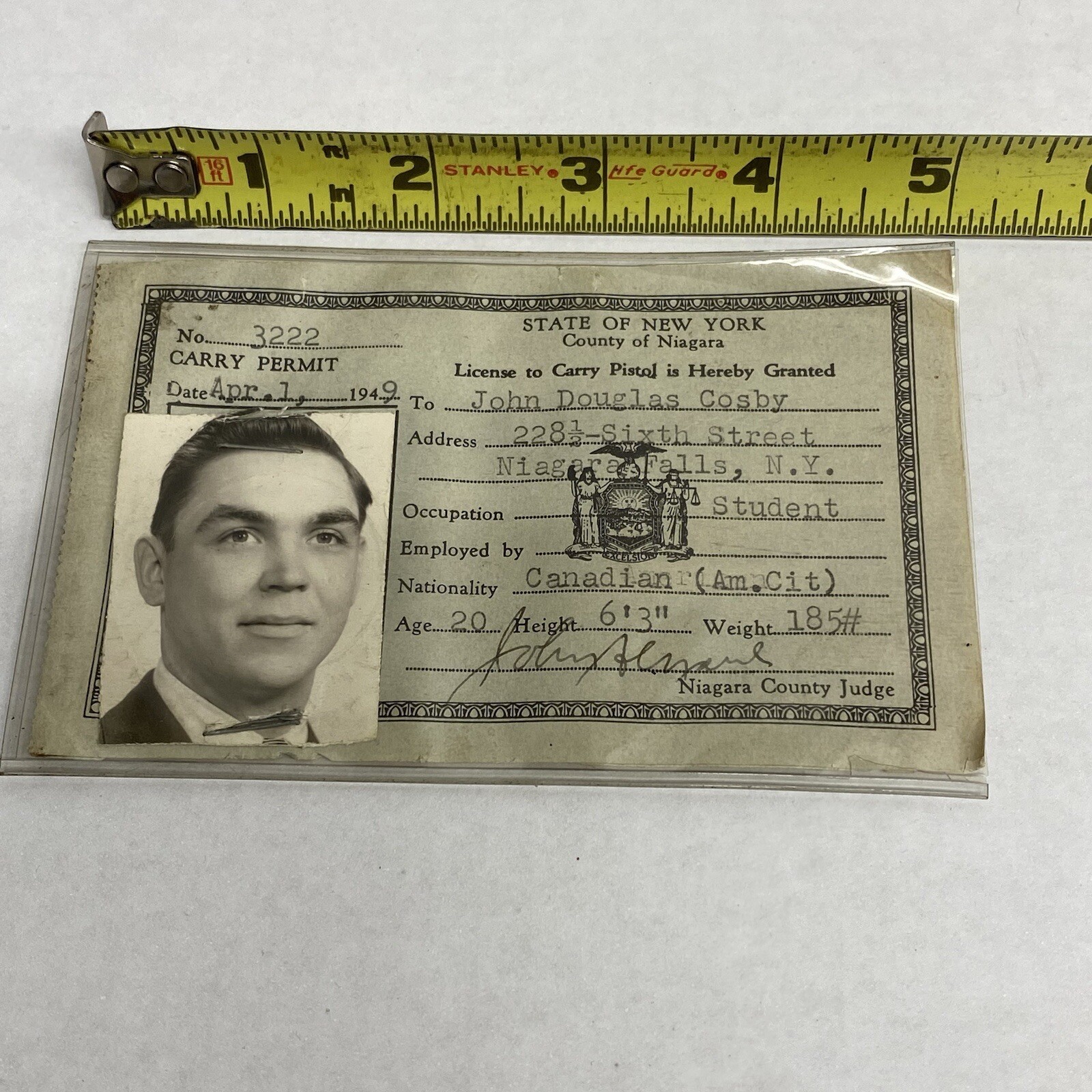 Vtg 1949 State of New York License to Carry Pistol Firearms Handgun Permit Photo