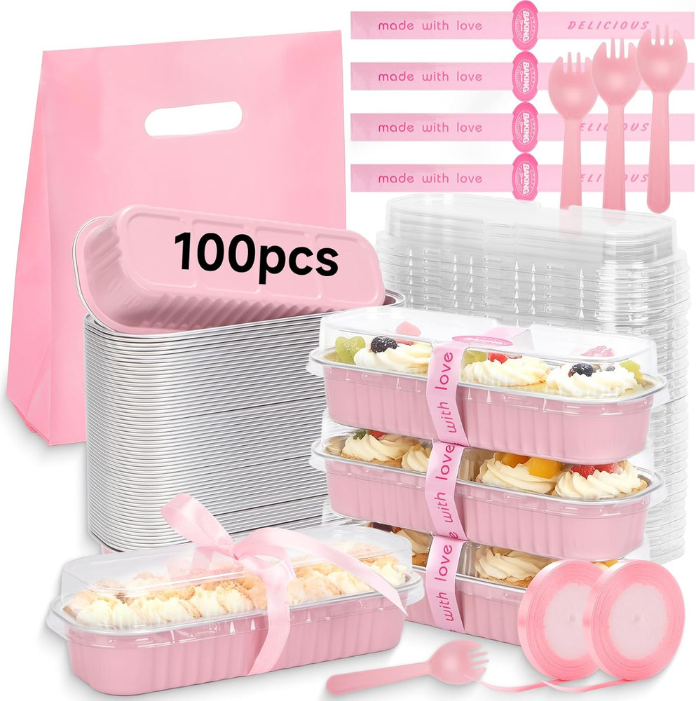 6.8Oz Mini Loaf Pans with Lids, 100 Pcs Disposable Rectangular Aluminum Cake Pan
