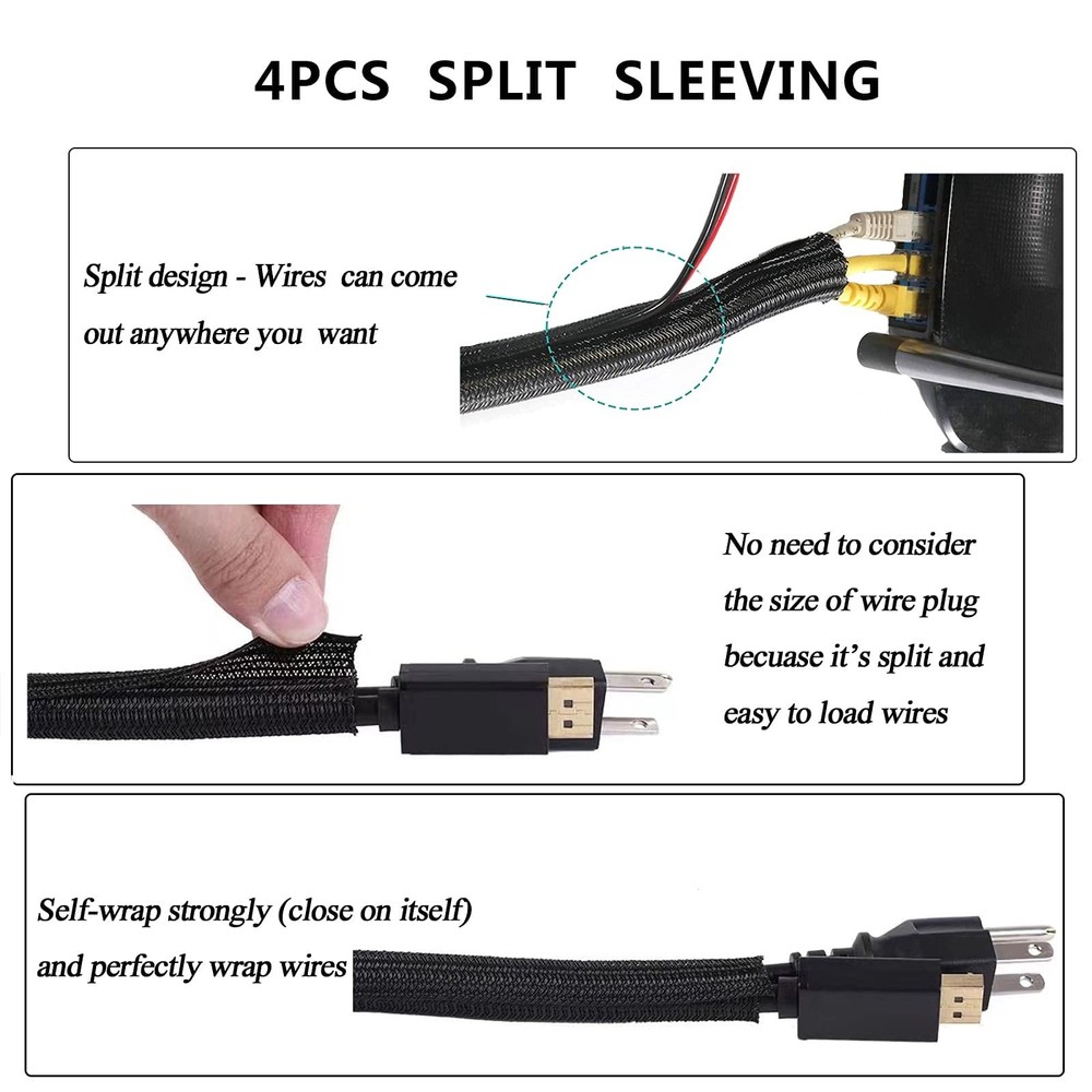 Cord Management Organizer Kit 4 Cable Sleeve split with 41Self Adhesive Cable...