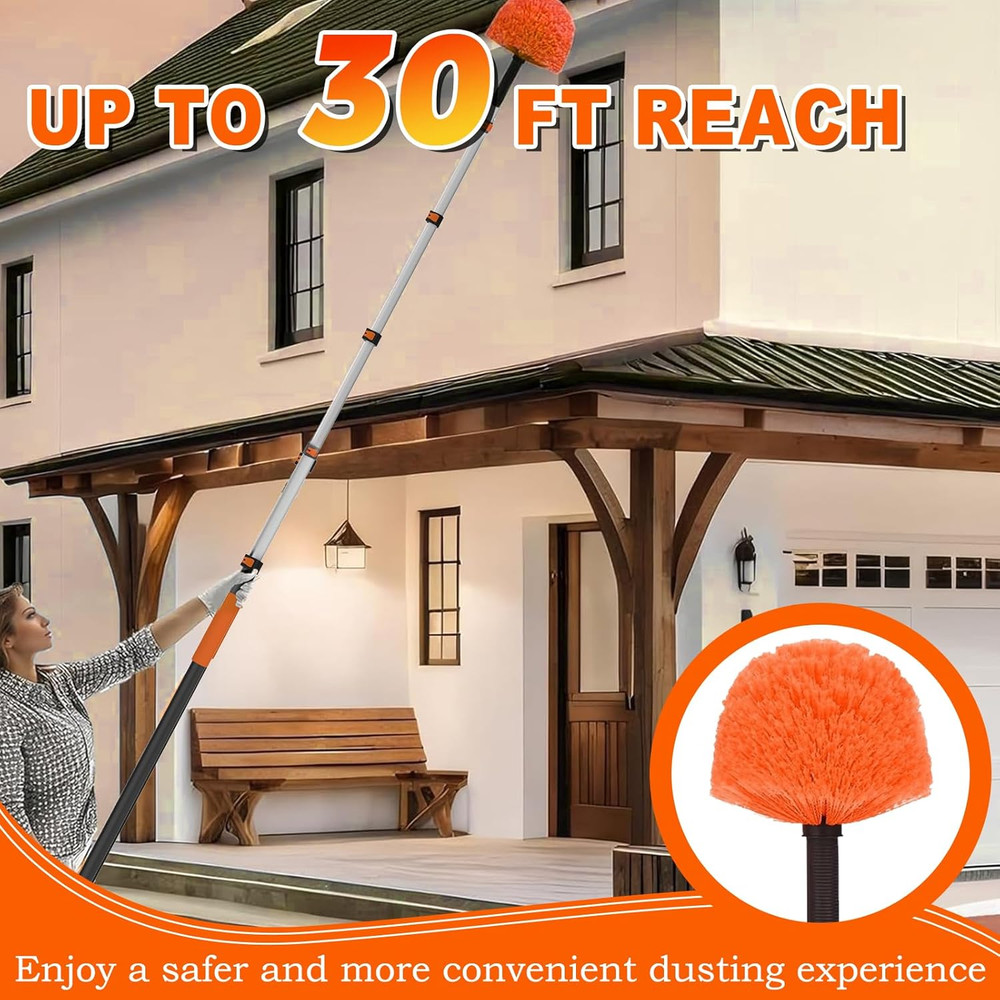 30FT Reach Cobweb Duster with Extension Pole, High Ceiling Long Duster with 5-24
