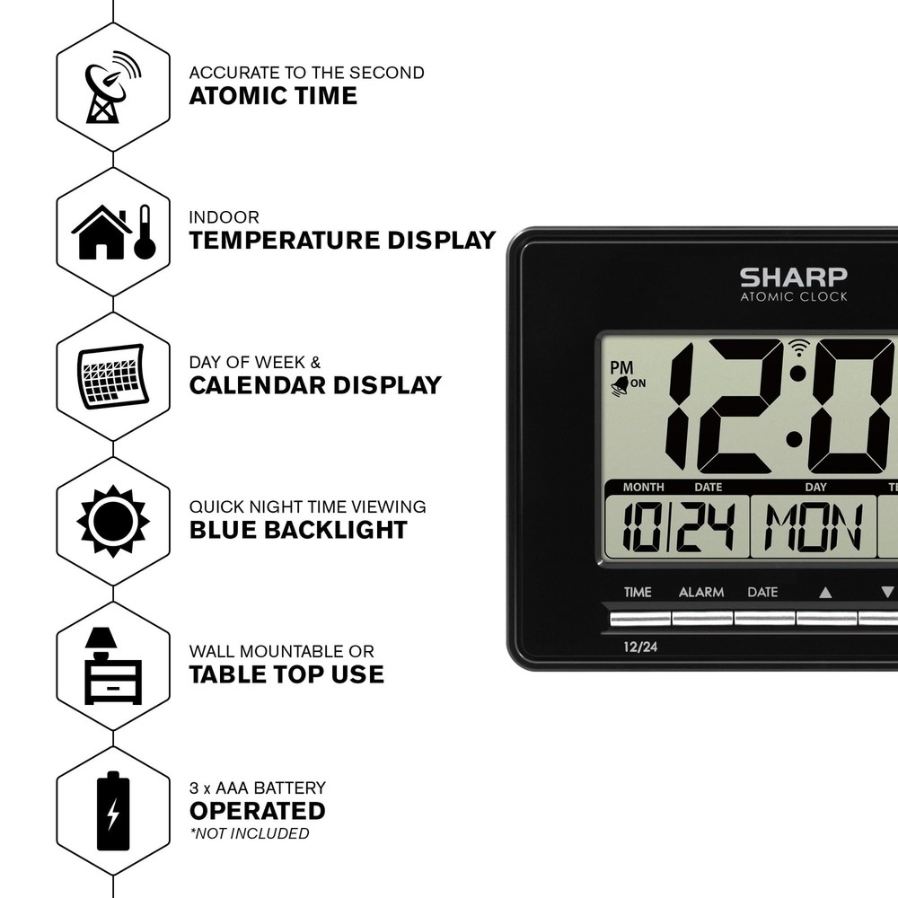 Sharp Atomic Desktop Clock – Auto Set Digital Alarm - Small, Black