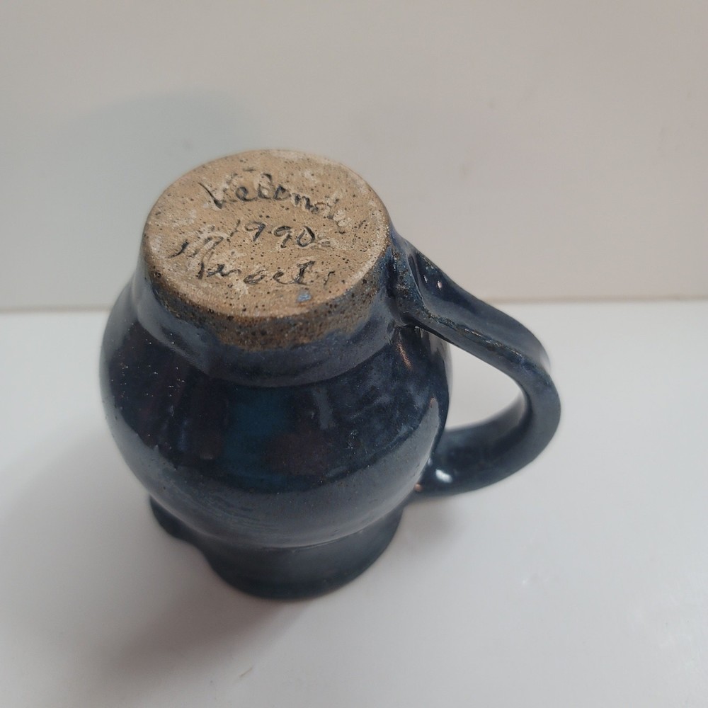 Tiny blue pitcher vase art pottery signed 1990 4" tall with handle