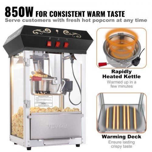 Popcorn Maker 850W Popcorn Popper Machine 8 Oz Kettle Makes 48 Cups per Batch