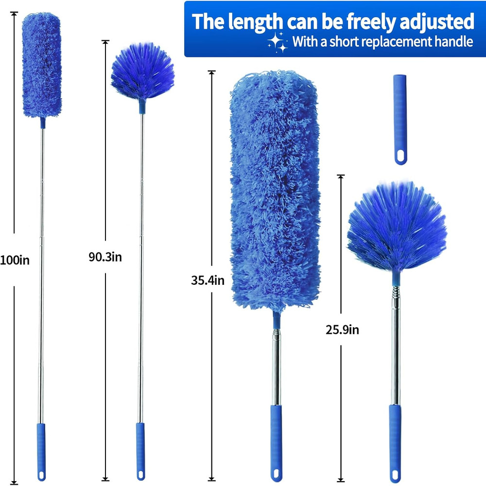 Cobweb Duster with Extension Pole, Washable Cleaning Duster Set with 2 Duster He