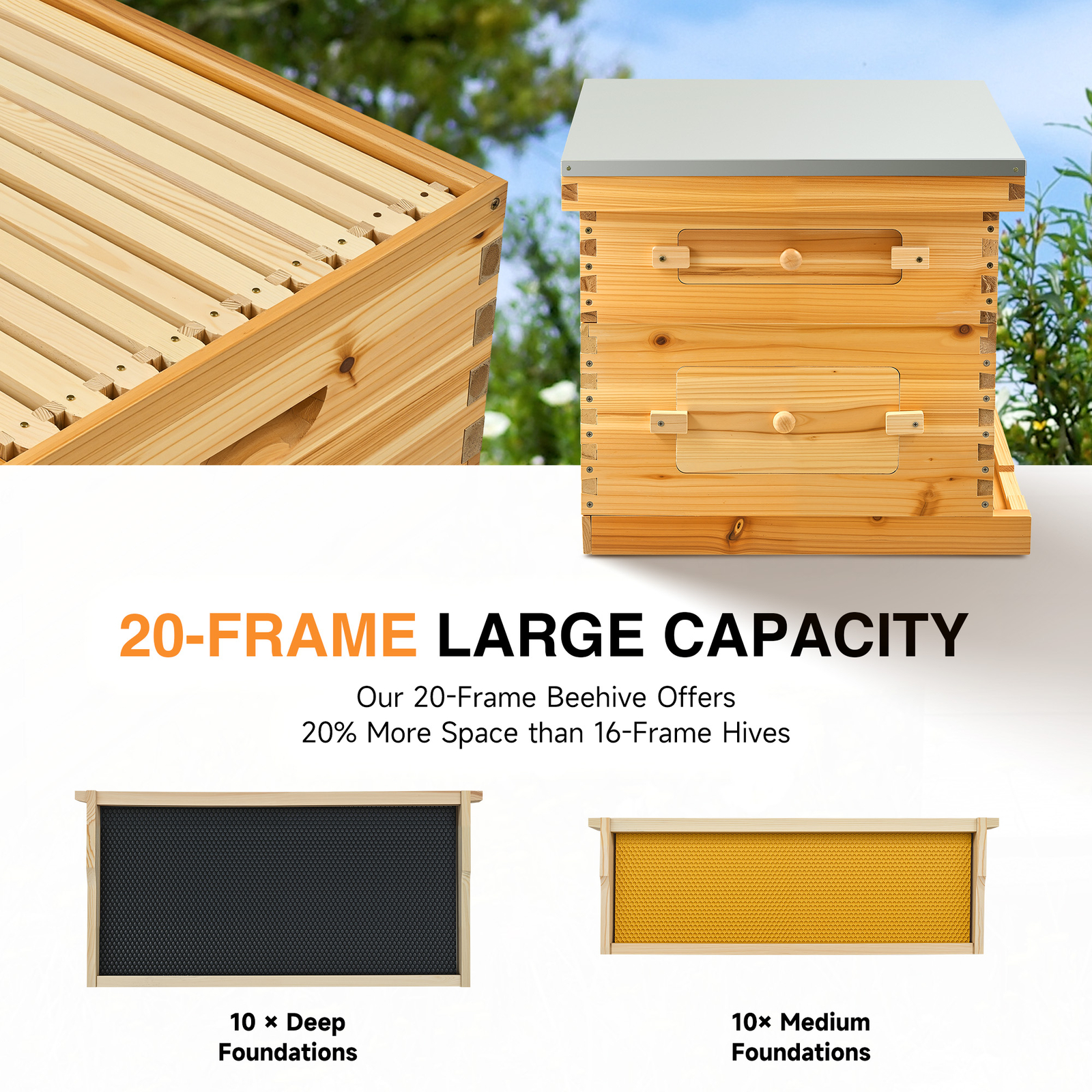 20 Frames Bee hive Frame Box BeeHive Kit Beeswax Beekeeping 10 Deep + 10 Medium