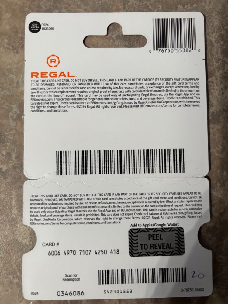 Regal Cinemas Gift Card $20