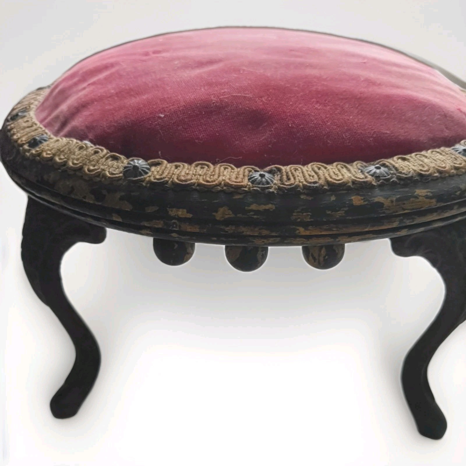 Levan Brothers Victorian Round Cast Iron & Wood Foot Stool Red Veleteen Cover