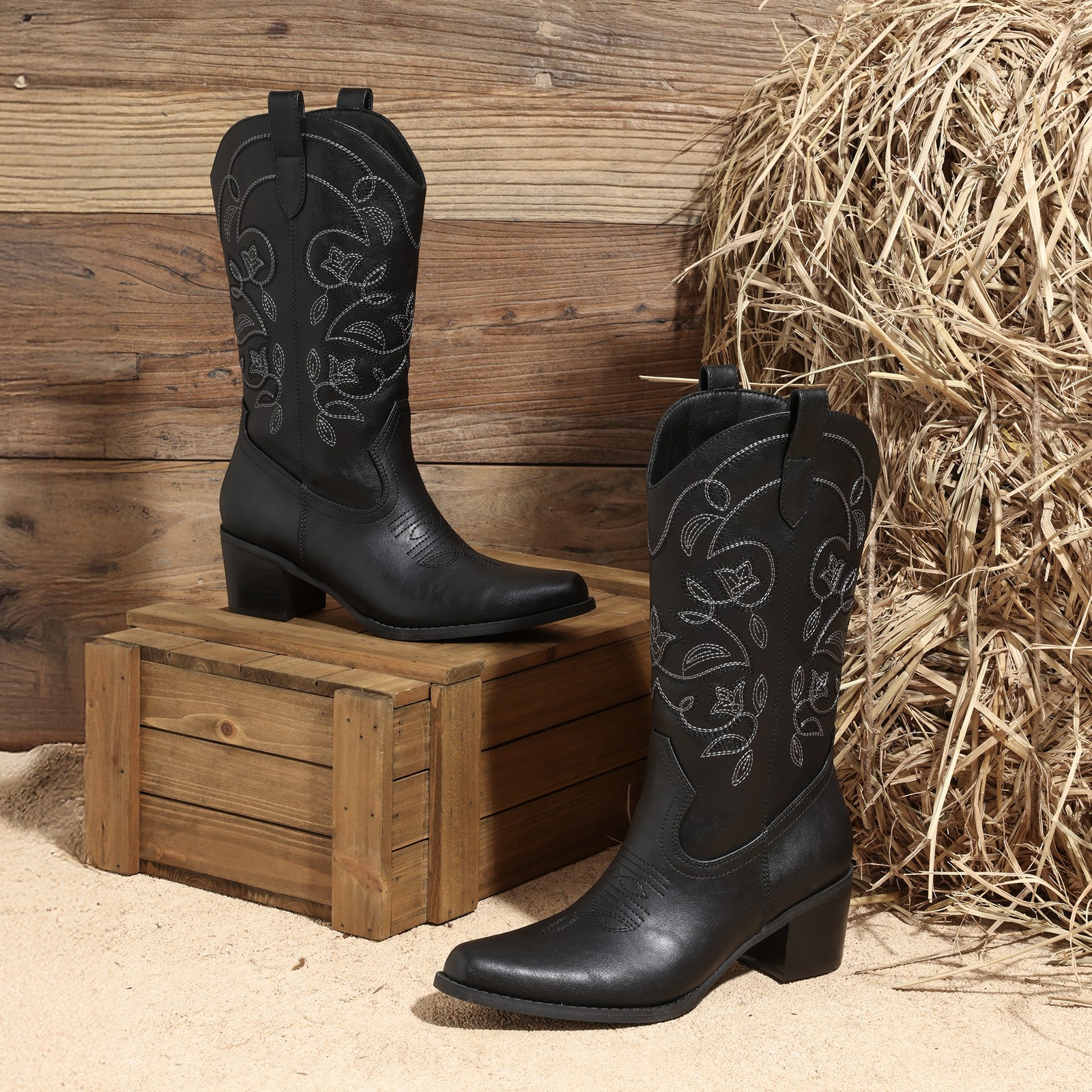 Women Retro Western Boots Cowgirl Boots Chunky Block Heels Mid Calf Ridding Boot