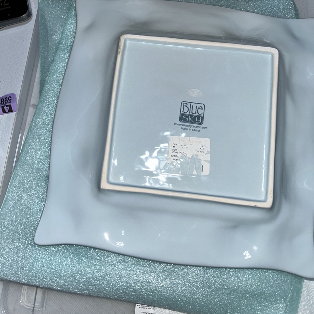 BLUE SKY CERAMICS Blue Shell Starfish Ocean Square Beachy Dinner Serving Plate