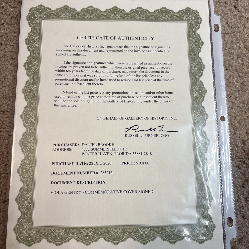 Aviator Viola Gentry Signed Envelope