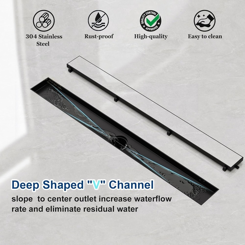 Modern Matte Black Rectangle Shower Drain, 24" Linear Drain