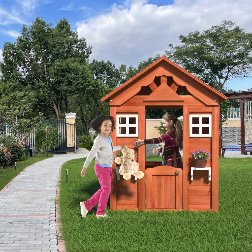 Outdoor Playhouse, Wooden Kids Play House with 2 windows and flowerpot holder