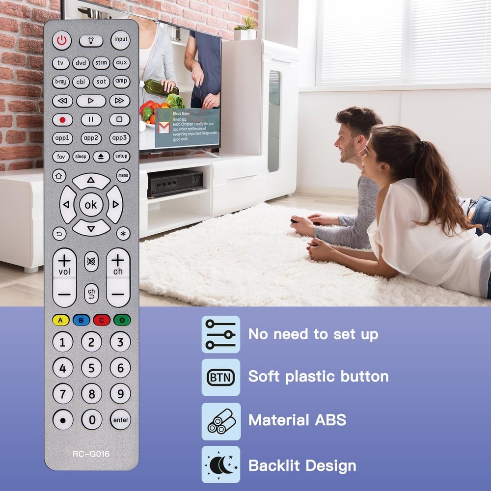 Backlit Universal Remote Control for TVs/Streaming US-G016, gray