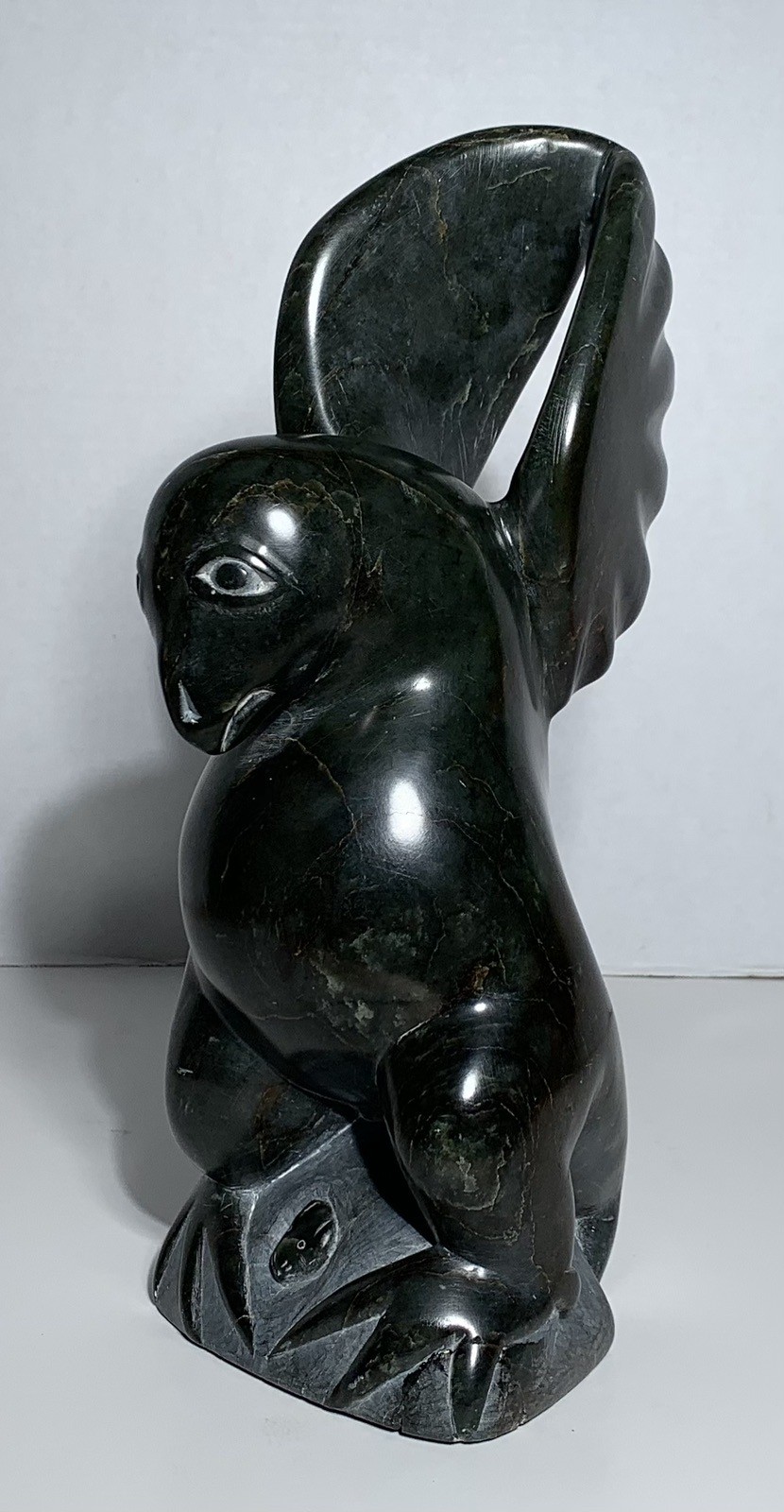 Vintage INUIT SOAPSTONE BIRD CARVING SIGNED 13” CANADIAN