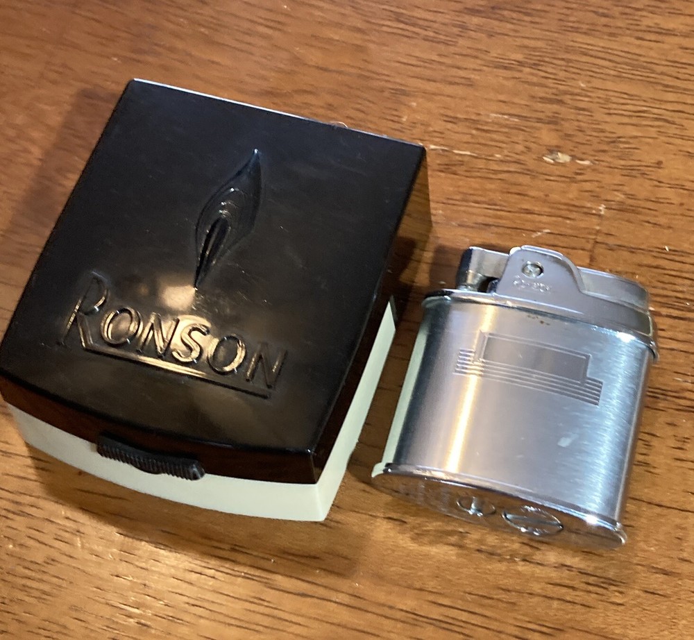 Ronson Sport Lighter Blank Silver Tone w/Plastic Case Good Shape