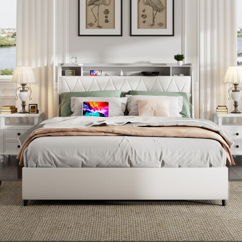 Full Size Bed Frame with Ergonomic Headboard, Full Platform Bed Frame with Outle